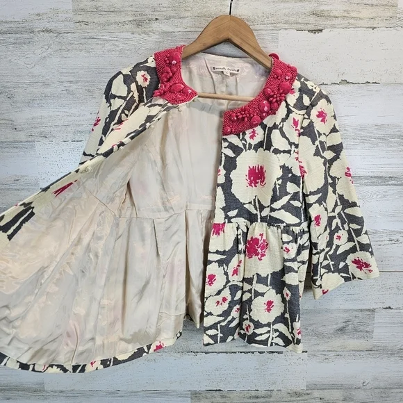Nanette Lepore Floral Beaded Neck Peplum Blazer Sz 6 Barbie Pink Gray Coquette - Picture 8 of 16